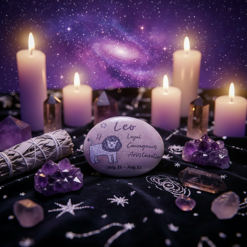 Wiccan or spiritual setup with candles, stones, and a Leo stone against a starry night sky.