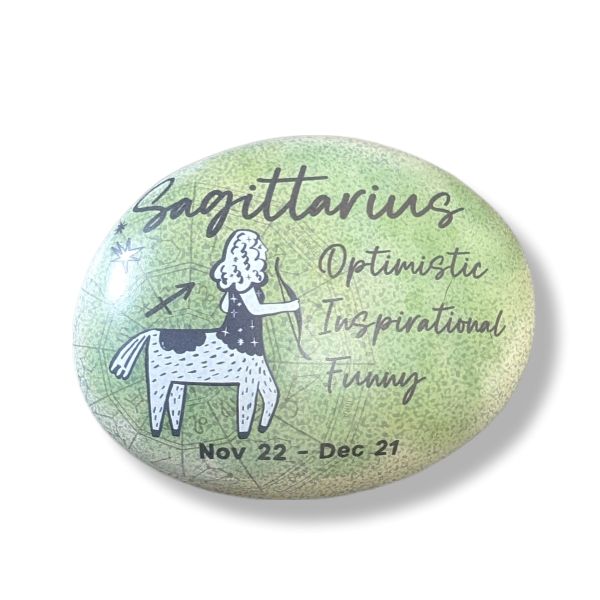 Art stone with Sagittarius zodiac design on a white background