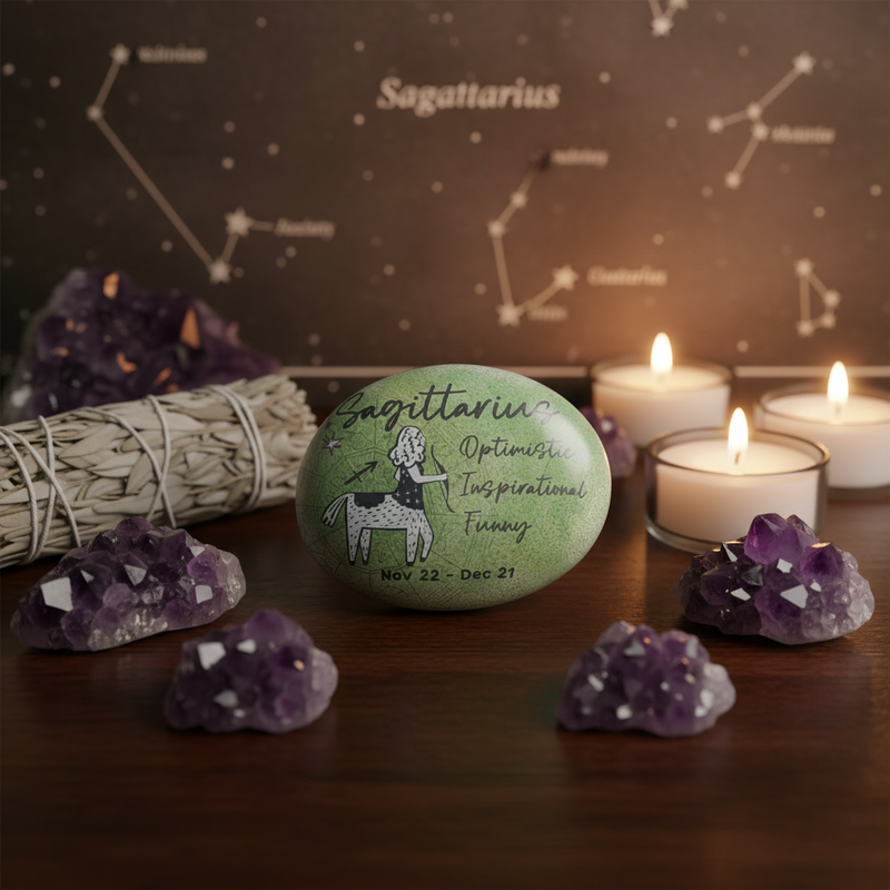 Decorative stone with Sagittarius illustration on a table with candles, amethysts, and a smudge stick.