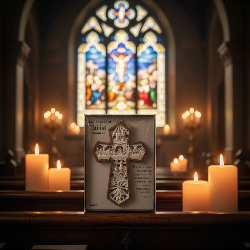 A decorative wooden cross in a clear display case, set on a wooden altar in a church with lit candles and a stained glass window in the background.