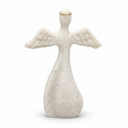 A small angel figurine made of textured  polyresin, featuring outstretched wings, a simple head, and a thin gold halo, set against a plain white background.