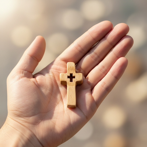 A small light wood cross with a dark engraved cross in the center, held in the open palm of a hand against a soft, blurred bokeh background.