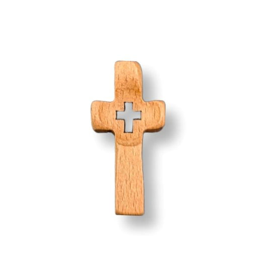 A small wooden cross with a polished silver metal cross in the center, shown on a plain white background with a soft drop shadow.