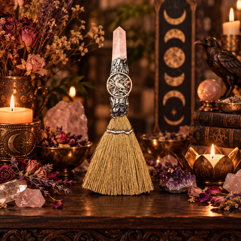 A decorative miniature straw broom with an ornate silver handle and a pink quartz point stands on a dark wooden altar surrounded by candles, crystals, dried flowers, and moon-phase art.