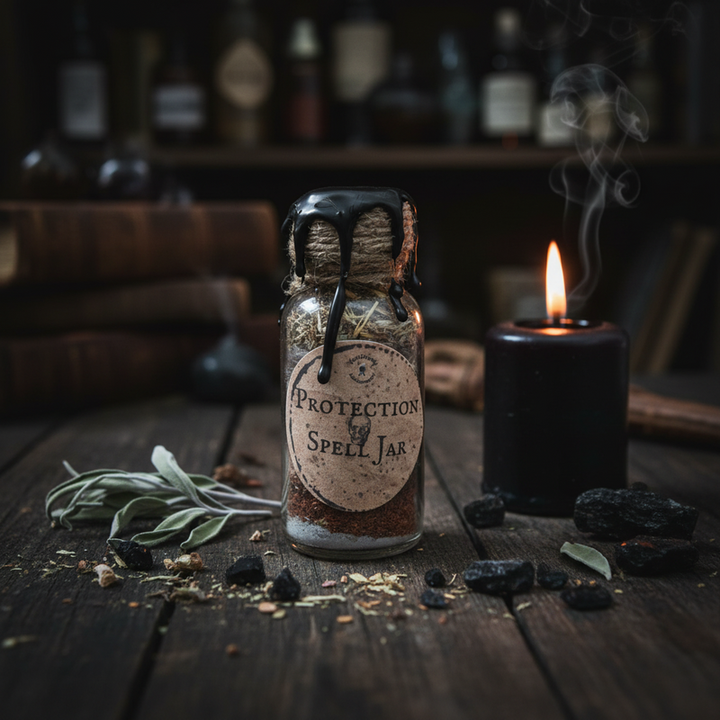 Spell jar labeled 'Protection Spell Jar' with a lit candle and herbs on a wooden surface.