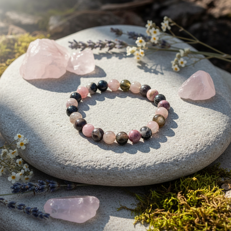 Beaded bracelet on a stone with pink crystals and flowers