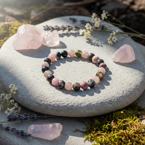 Beaded bracelet on a stone with pink crystals and flowers