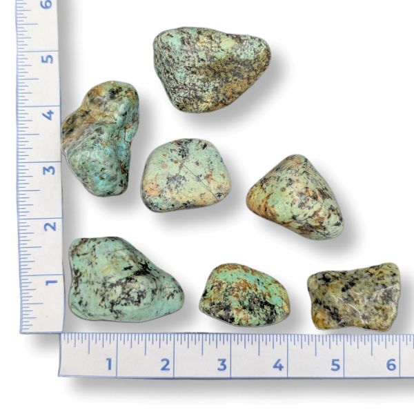 Turquoise stones with a ruler on a white background