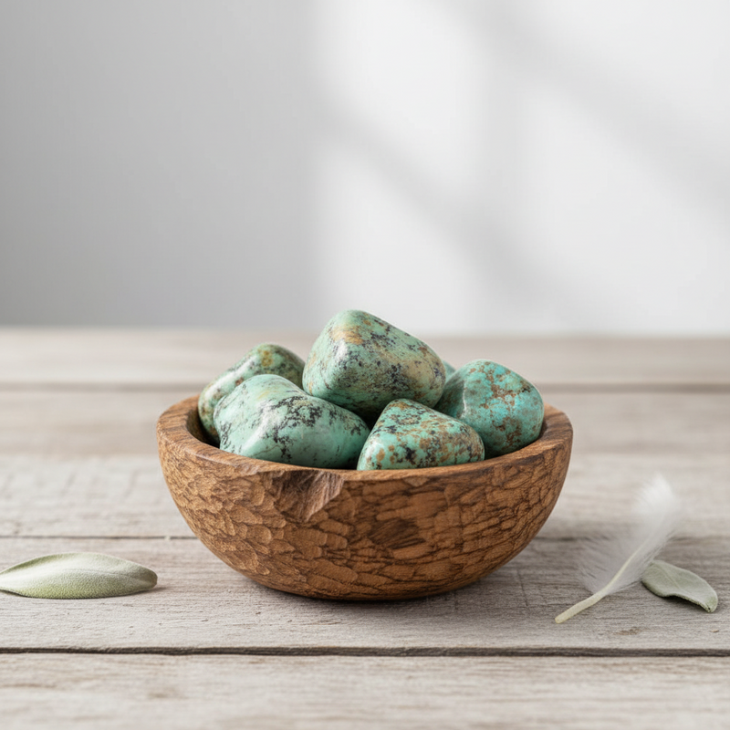 Wooden bowl filled with turquoise stones on a light wooden surface