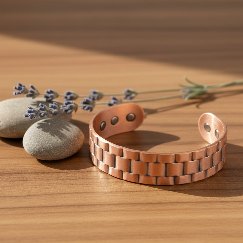 Copper woven  bracelet on a wooden surface with stones and lavender.