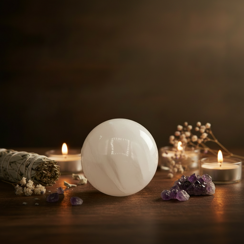 A polished selenite sphere sits on a dark wooden surface, surrounded by lit tealight candles, dried baby's breath, a smudge bundle, and small purple crystal clusters in a moody, spiritual setting.