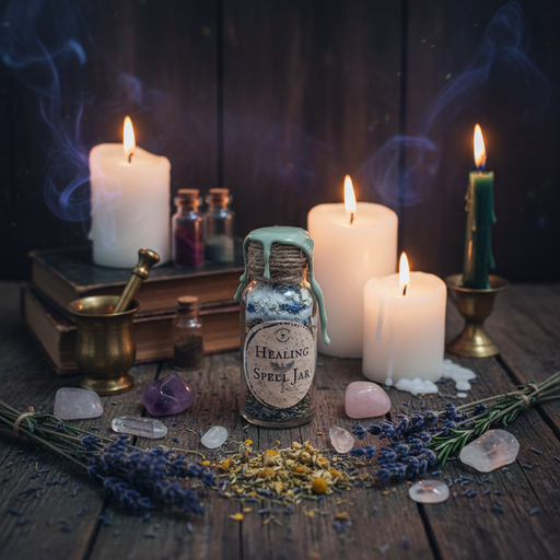 Healing spell jar with candles, herbs, and stones on a wooden surface