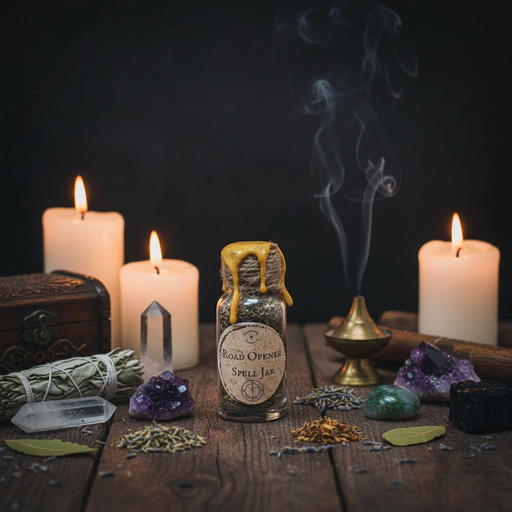 Spells jar with candles, crystals, and other mystical items on a dark background
