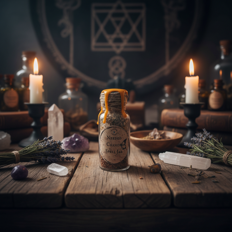 Spells jar with candles, lavender, and other mystical items on a wooden table.