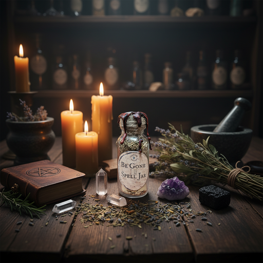 Witchcraft setup with candles, herbs, and a 'Be Gone Spell Jar' on a wooden table.