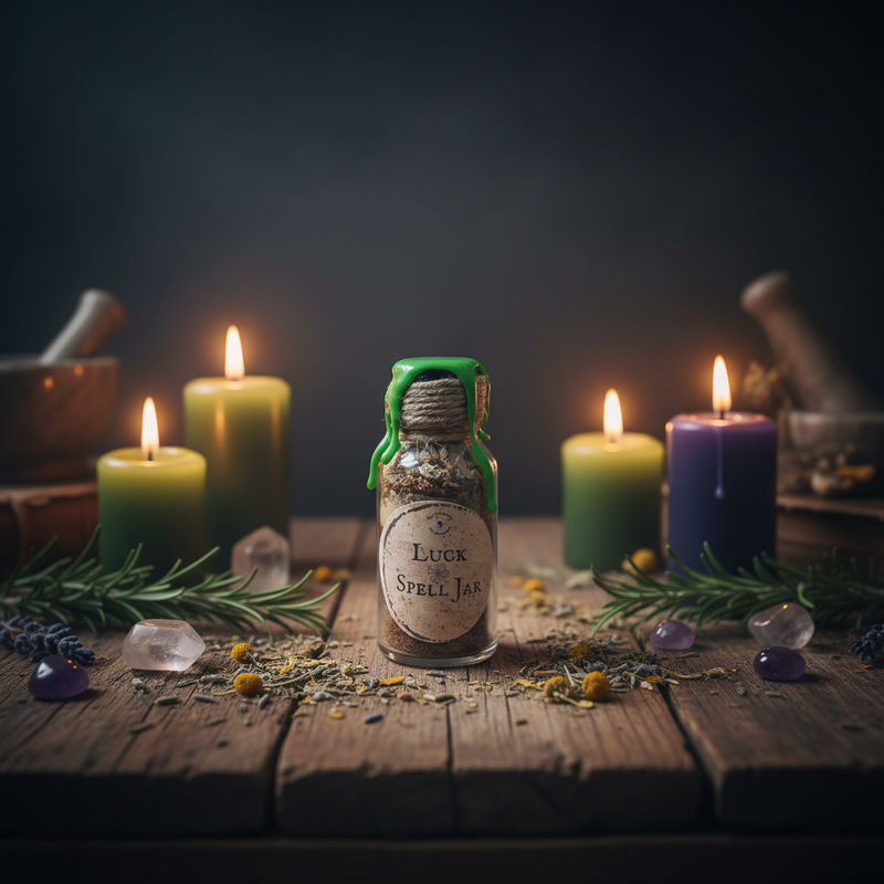 Bottle labeled 'Luck Spell Jar' surrounded by candles and herbs on a wooden surface