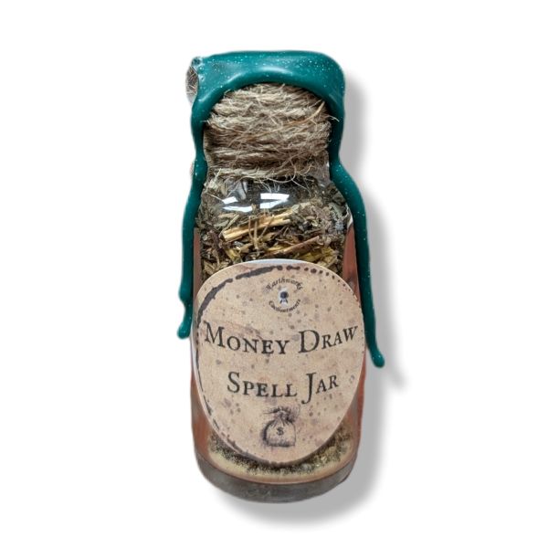 Spell jar labeled 'Money Draw' with a green lid on a white background