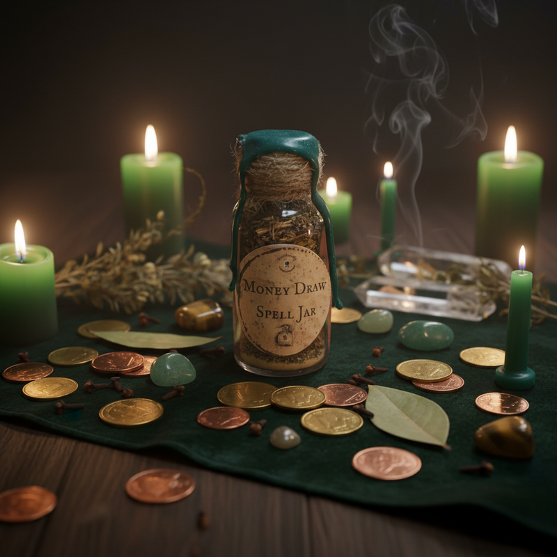 Spell jar labeled 'Money Dream' surrounded by coins, candles, and herbs on a dark surface.