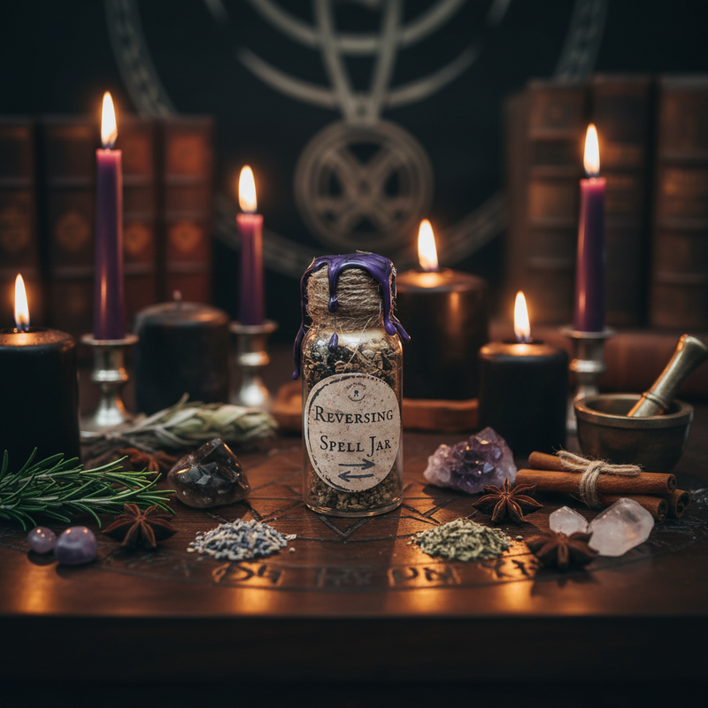 Spell jar labeled 'Reversing Spell Jar' surrounded by candles and herbs on a wooden surface.