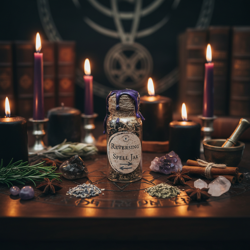 Spell jar labeled 'Reversing Spell Jar' surrounded by candles and herbs on a wooden surface.