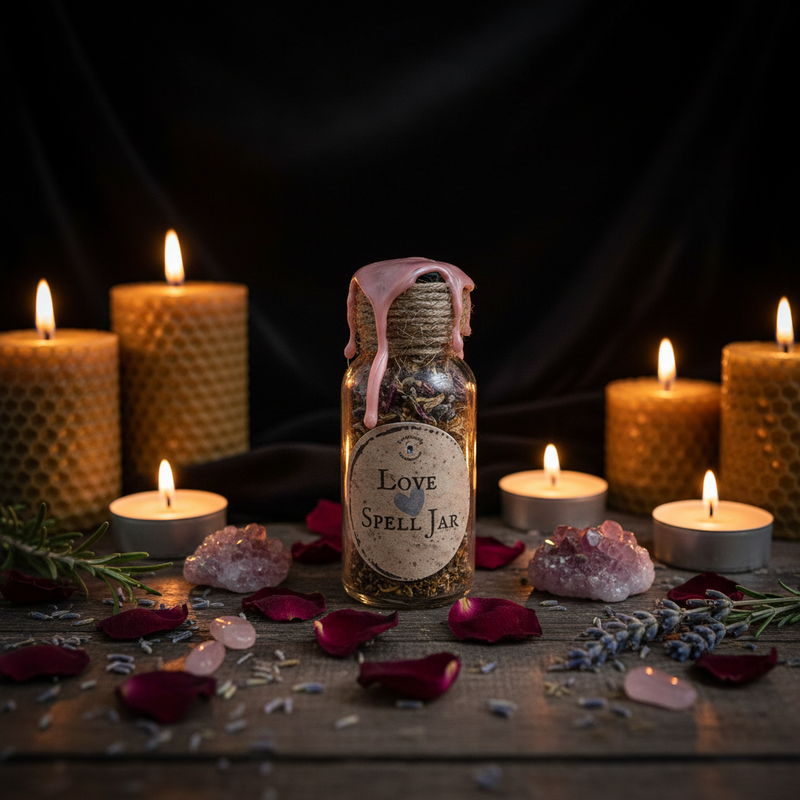 Love Spell Jar with candles and crystals on a dark background