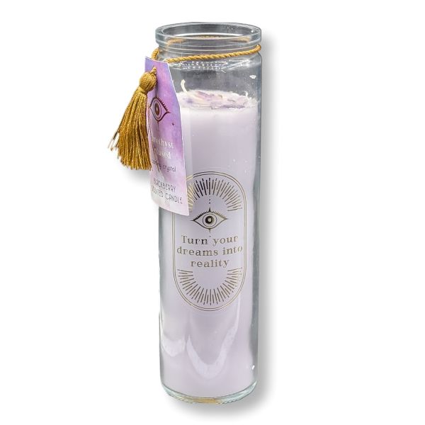 Glass candle with a tassel and motivational quote on a white background