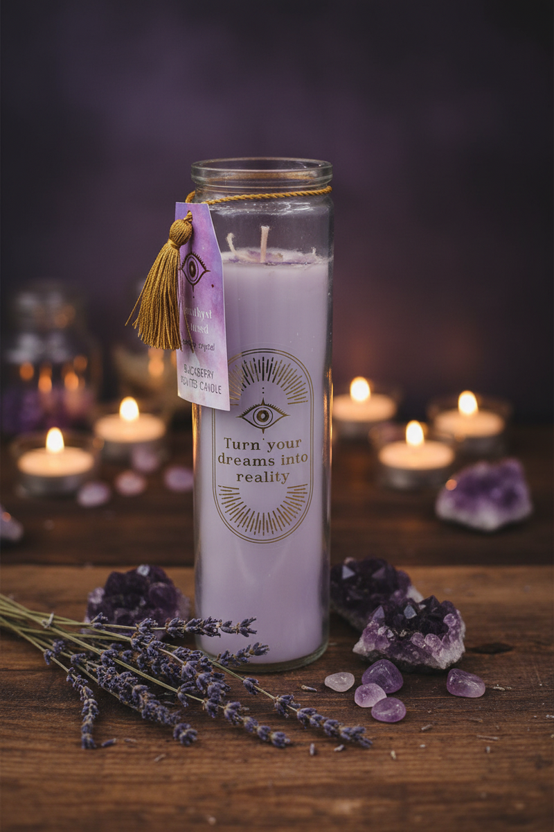 Purple candle with a message on a wooden surface with lavender and crystals.