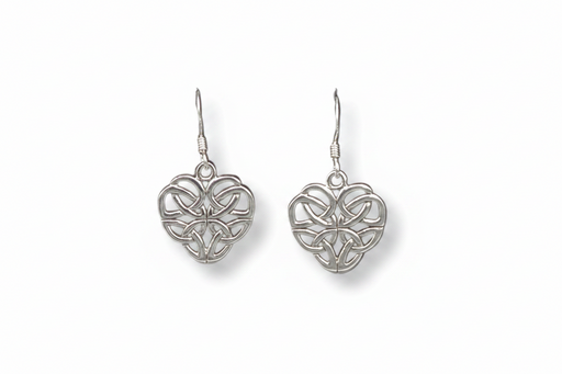 Pair of silver heart-shaped earrings with intricate designs on a white background