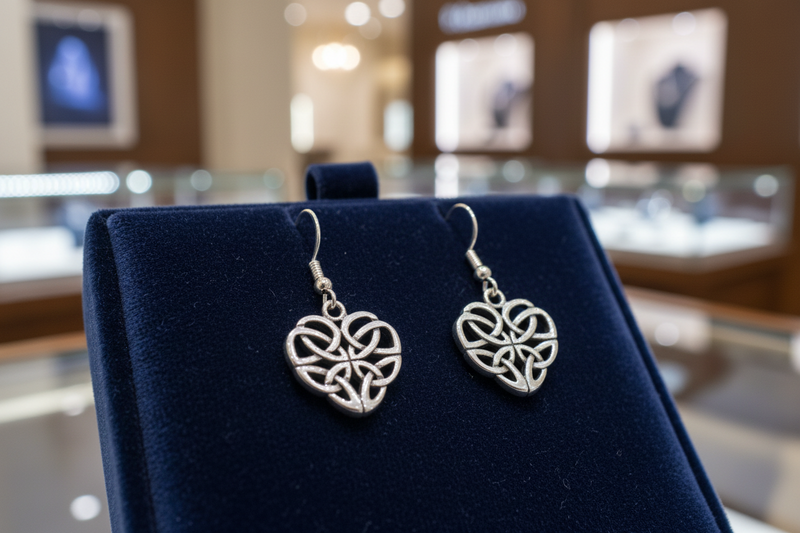 Heart-shaped silver earrings on a blue stand with a blurred jewelry store background