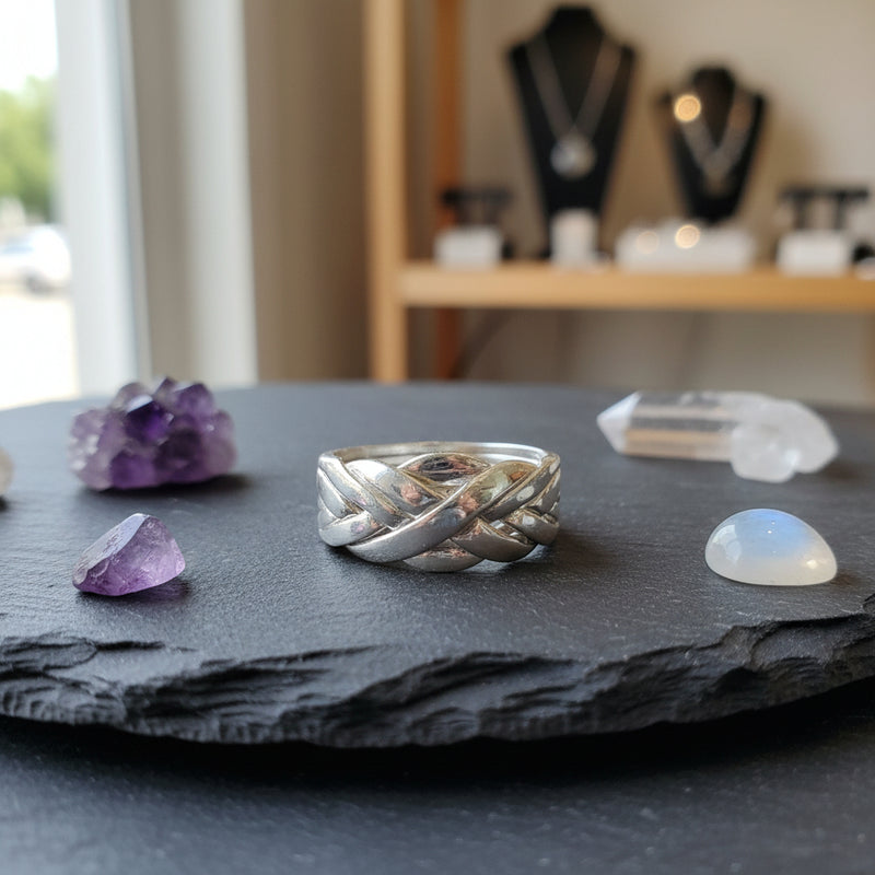 Silver ring with braided design on a piece of slate with other crystals