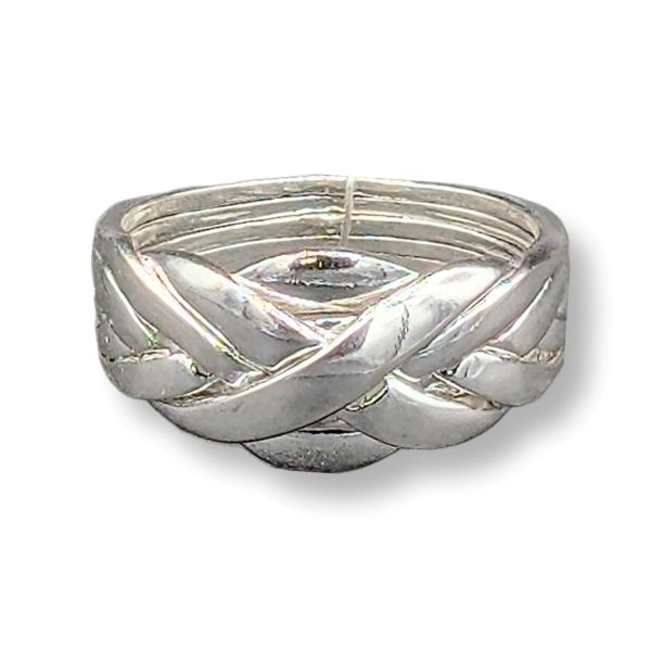 a sterling silver puzzle ring on a white background