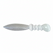A polished selenite spiral knife  with a textured, ribbed handle and a rounded pommel, shown horizontally against a plain white background.