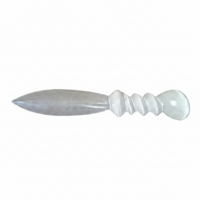 A polished selenite spiral knife  with a textured, ribbed handle and a rounded pommel, shown horizontally against a plain white background.