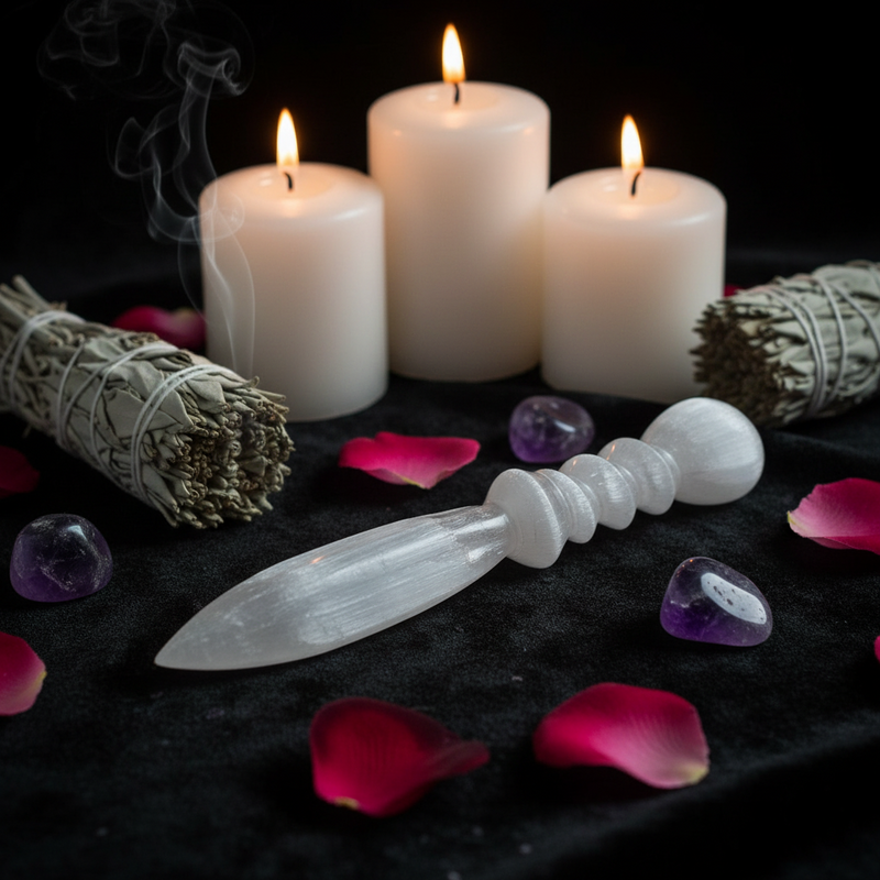 A white selenite spiritual knife with a carved handle rests on a black cloth surrounded by pink rose petals, purple stones, sage smudge bundles, and three lit white candles.