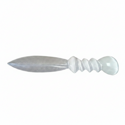 A polished selenite spiral knife  with a textured, ribbed handle and a rounded pommel, shown horizontally against a plain white background.