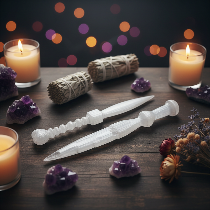 Two translucent white crystal selenite knives with carved details, displayed on a dark wooden table surrounded by lit candles, white sage bundles, purple amethyst crystals, and dried flowers.
