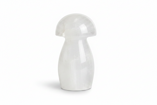 A small mushroom-shaped decorative object made of selenite, shown on a clean white background.