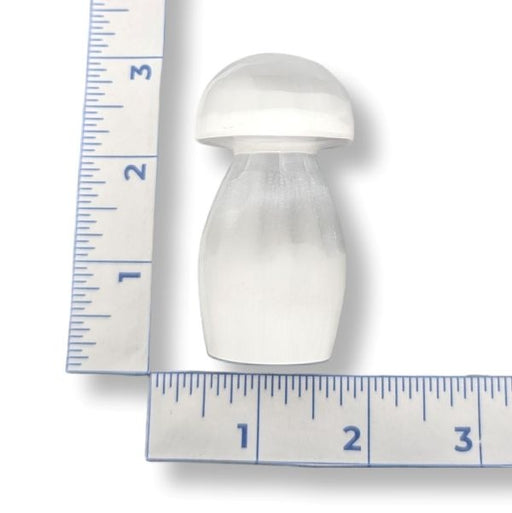 Selenite mushroom-shaped object next to a ruler on a white background
