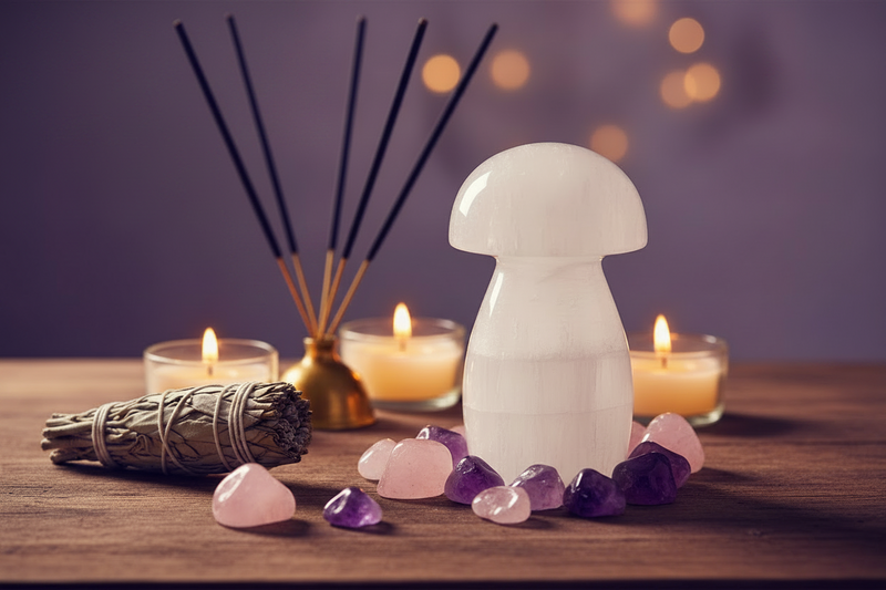 A selenite mushroom-shaped decorative object stands on a wooden surface, surrounded by pink and purple crystals, lit candles, a reed diffuser with incense sticks, and a smudge bundle against a soft purple bokeh background.