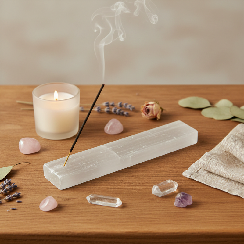 A white selenite incense holder  on a wooden table, with a lit candle, incense stick, crystals, dried lavender, a rose, and a beige cloth around it.