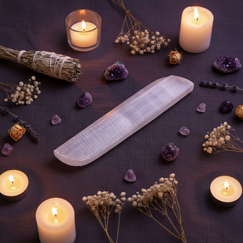 A flat, white, selenite crystal lies on a dark textured cloth, surrounded by lit candles, dried baby's breath, lavender sprigs, amethyst crystals, and a sage smudge bundle.