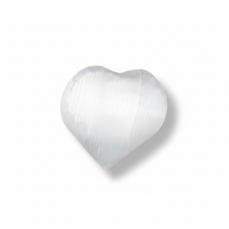 A heart-shaped selenite shown on a clean white background with a soft shadow.