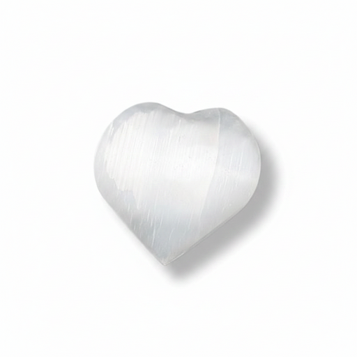 A heart-shaped selenite shown on a clean white background with a soft shadow.