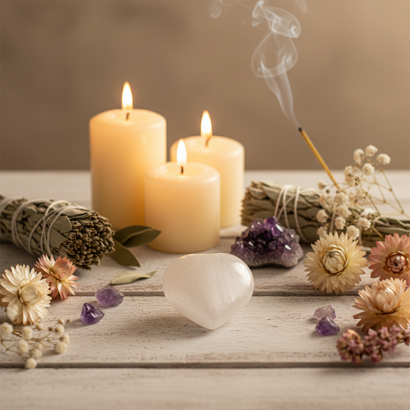 Three lit cream pillar candles on a rustic white wooden surface, surrounded by dried flowers, a heart-shaped selenite, purple amethyst beads, a sage bundle tied with string, and a smoking incense stick against a warm beige background.