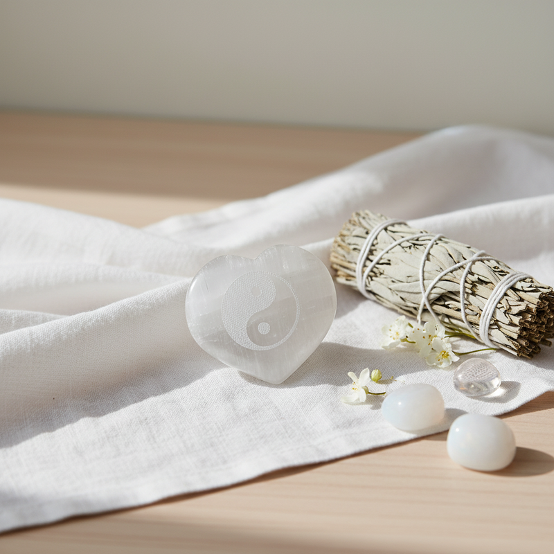 A heart-shaped selenite with a yin-yang symbol inside, styled on a white linen cloth next to a dried sage smudge bundle and small white stones on a light wood surface.