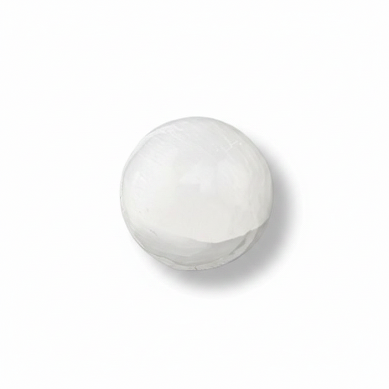 A selenite sphere shown from a top-down perspective on a clean white background with a soft drop shadow.