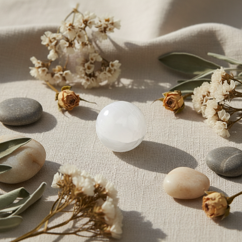A smooth, translucent white selenite ball sits on a beige linen fabric background, surrounded by dried white flowers, small dried roses, and smooth gray and cream stones in soft natural sunlight.