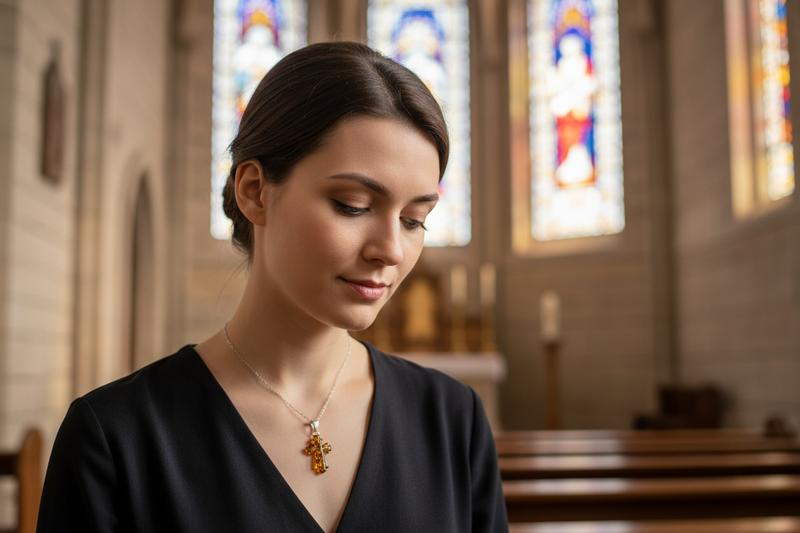 Pendant Amber Cross with a Sterling Silver Bail