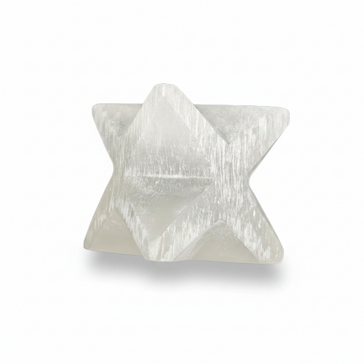 A white geometric star-shaped crystal cluster, resembling a tetrahedron with six-pointed star facets, shown on a clean white background with a soft shadow.