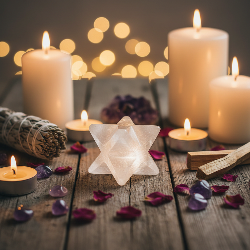 A selenite merkaba sits on a rustic wooden surface surrounded by lit white candles, rose petals, purple crystals, a bundle of dried herbs, and small tea lights with warm glowing bokeh lights in the background.